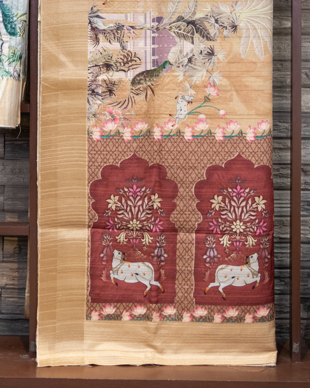 Four Set Pichwai Print Semi Tussar With Golden Border Handloom Saree In Four Color.