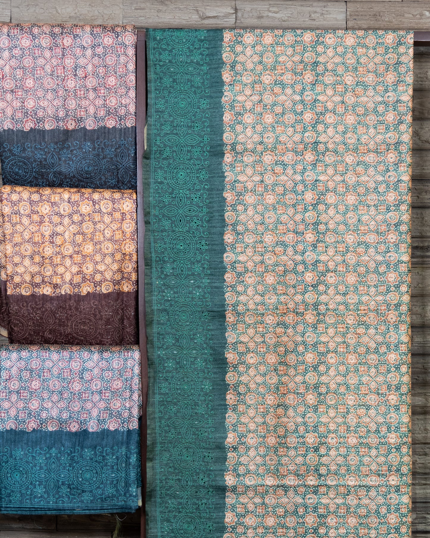 Designer Digital Print Semi Tussar Saree With Cutwork Border & Ajrakh Concept (Set of 4)