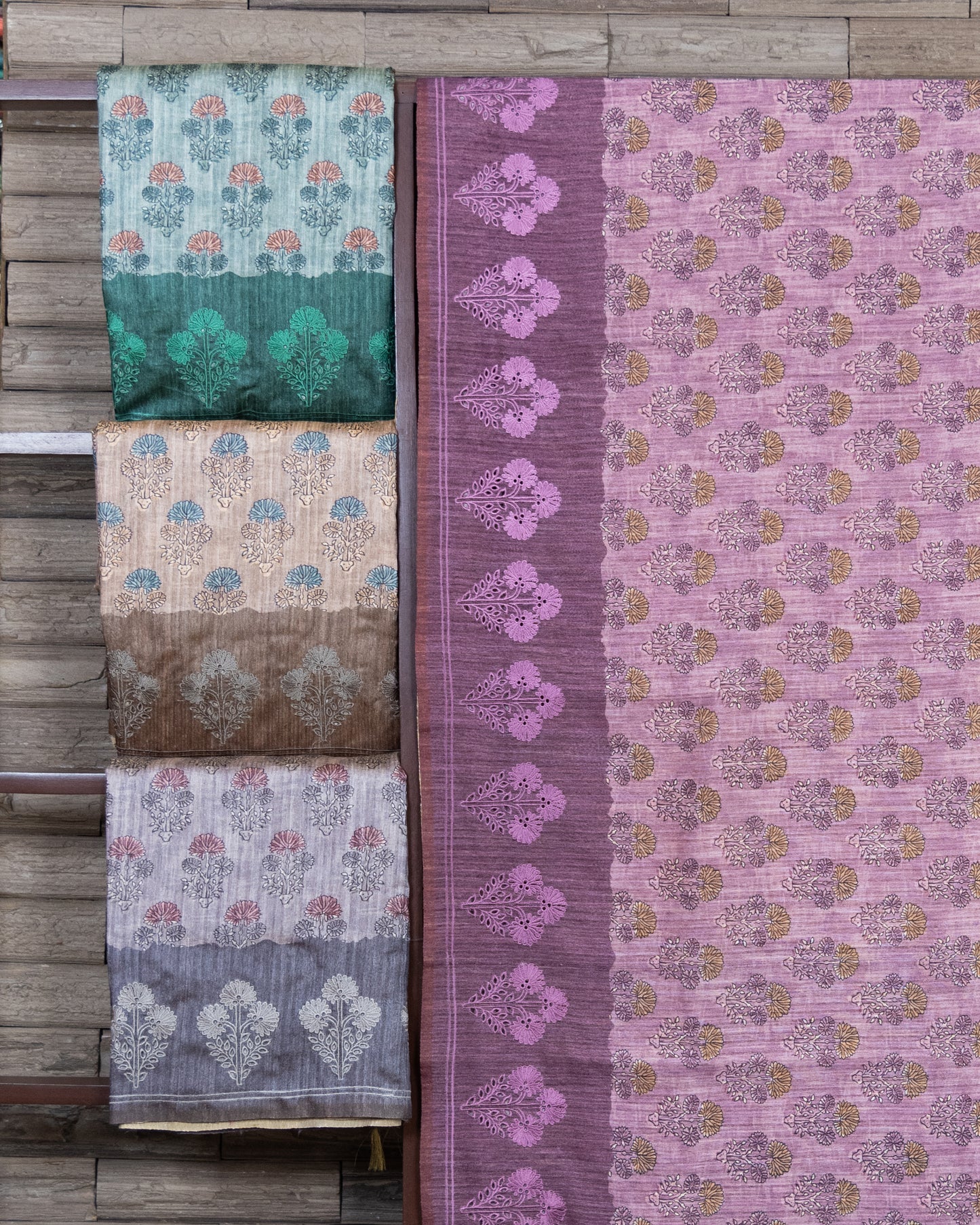 Elegant Digital Print Semi Tussar Saree With Cutwork Border & Ajrakh Concept (Set of 4)