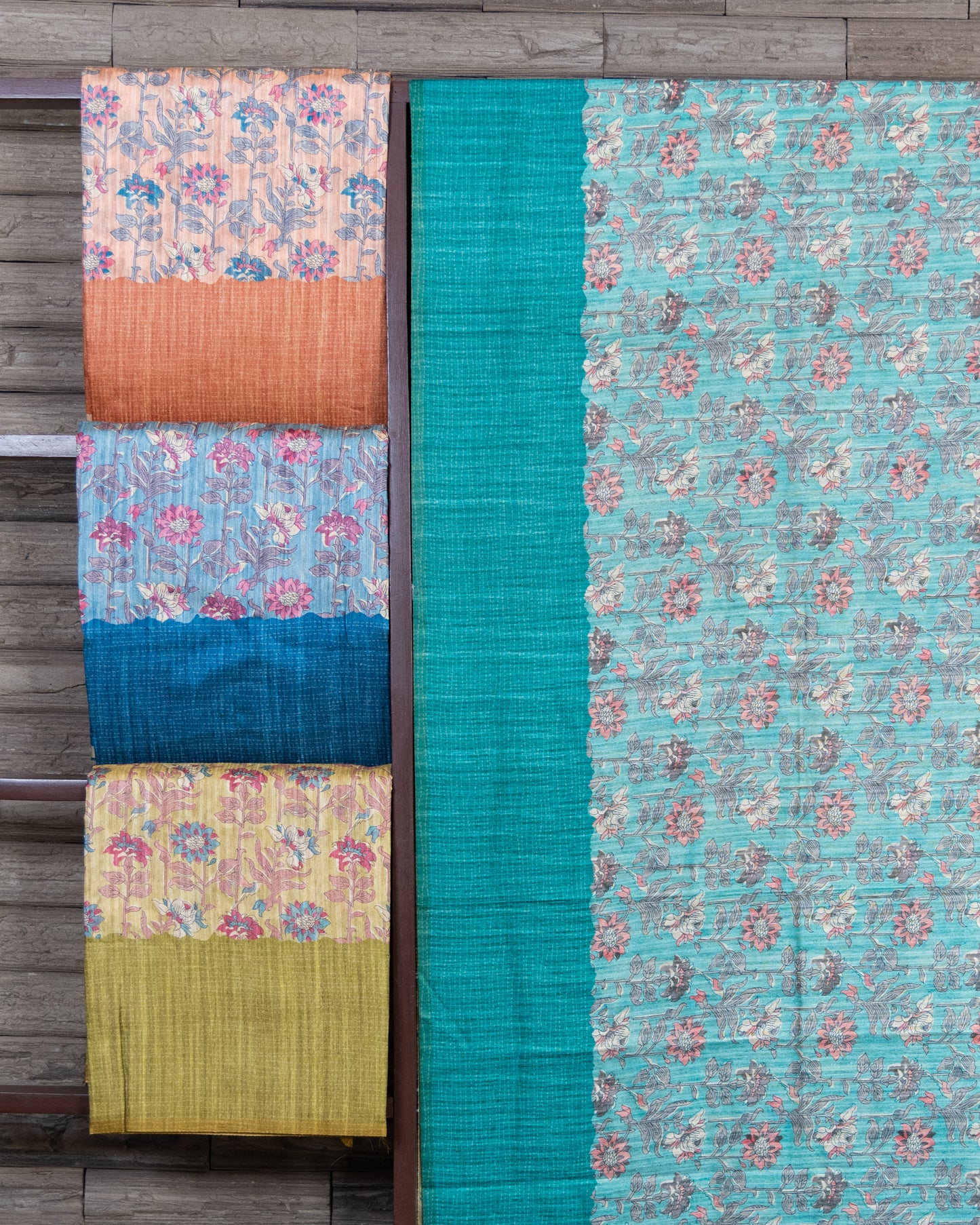 Floral Design Digitally Printed Semi Tussar With Light Blue Border Saree