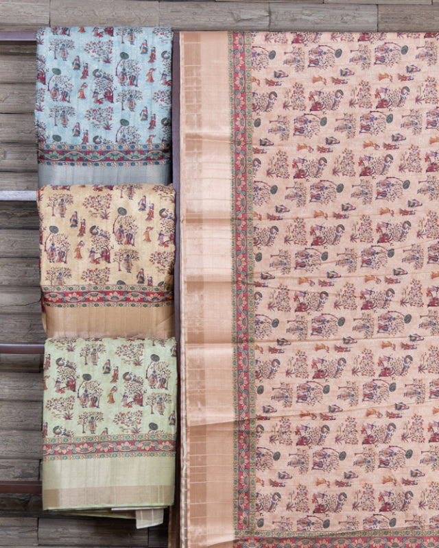 4 Set Folk Style Print Semi Light Tussar With Golden Border Handloom Saree Of Four Different Color.