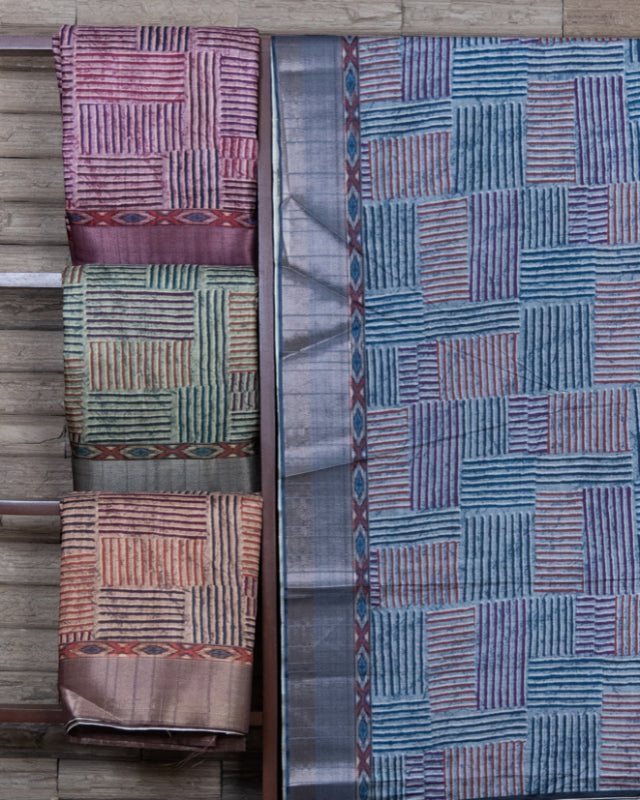 4 Set Geometric Design Digital Print Semi Light Tussar Handloom Saree Of Four Different Color.
