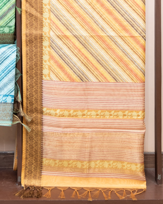 Chanderi Geometric Stripes Digital Print Saree With Benarasi Jacquard Border