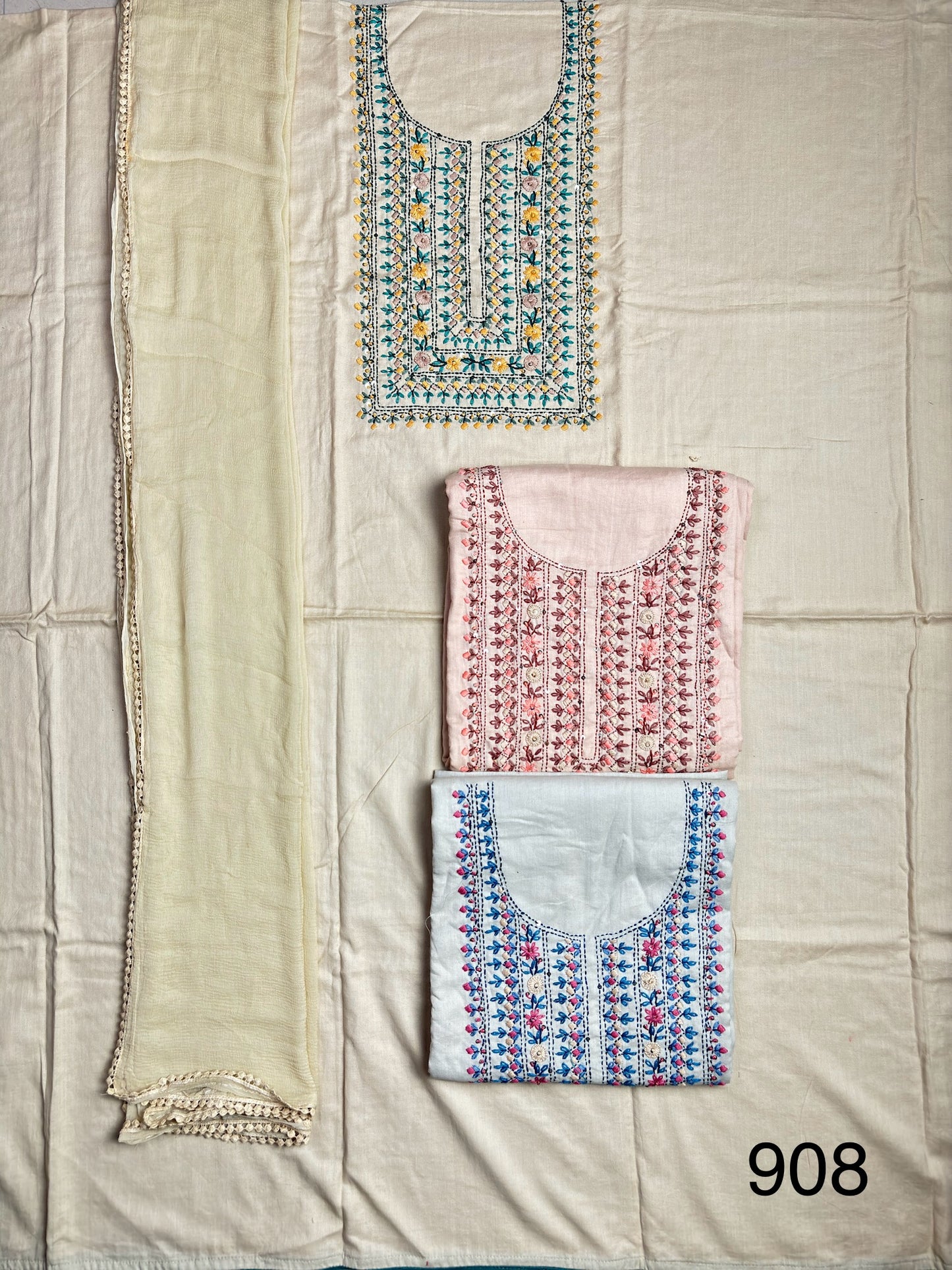 Cotton Linen Embroidered Suit with Chiffon Dupatta