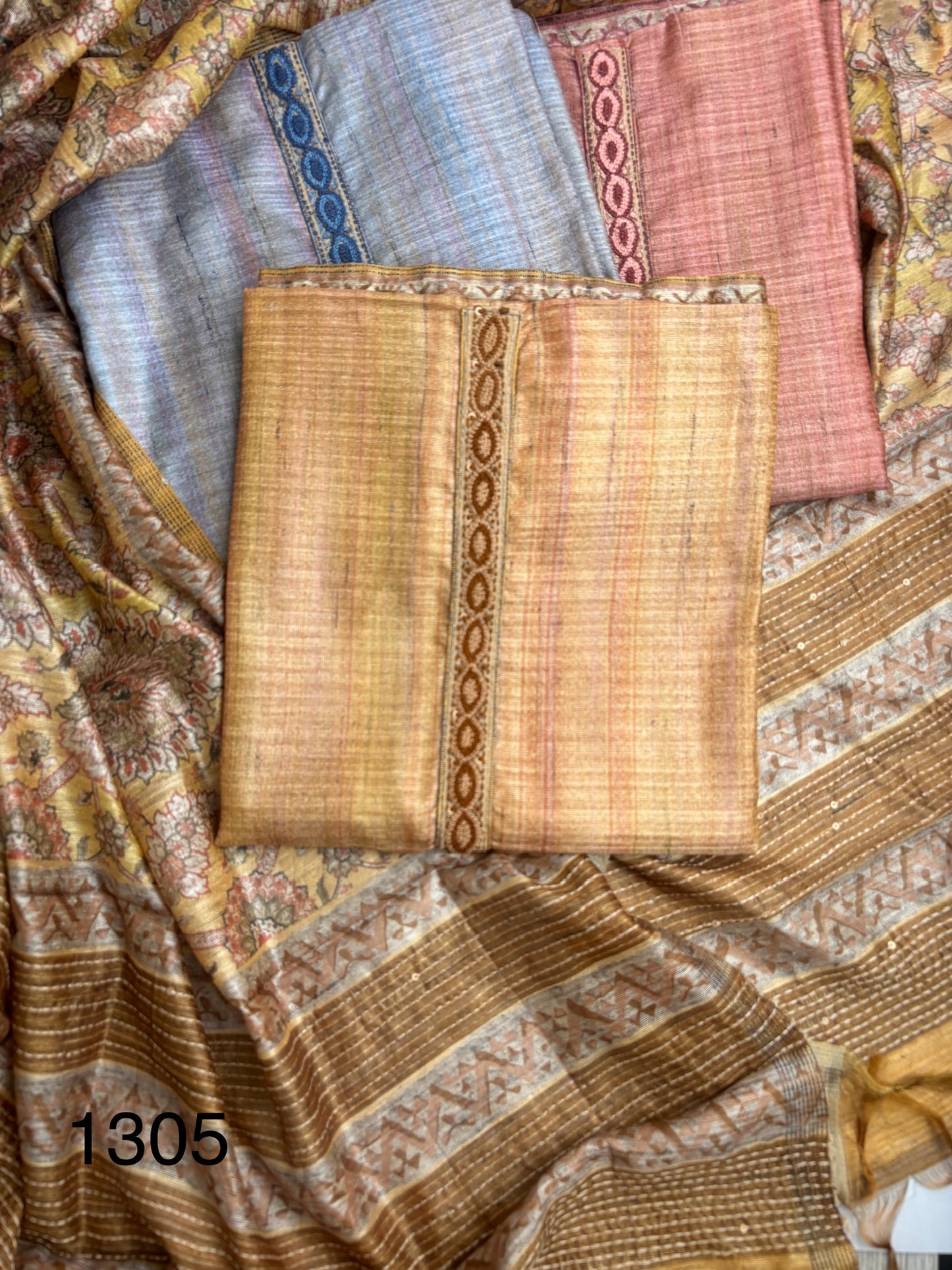 Soft tussore Suit in Kantha work