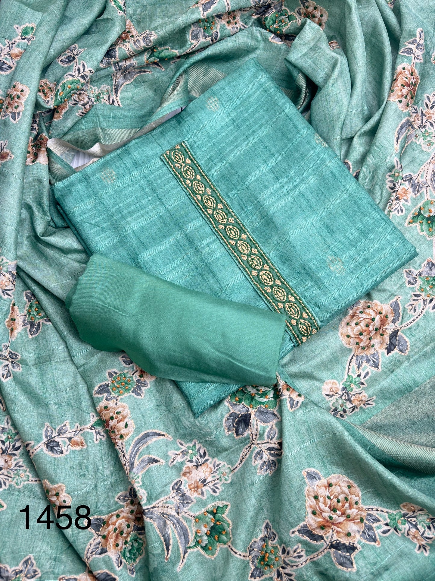 Soft tussore Suit in Kantha work