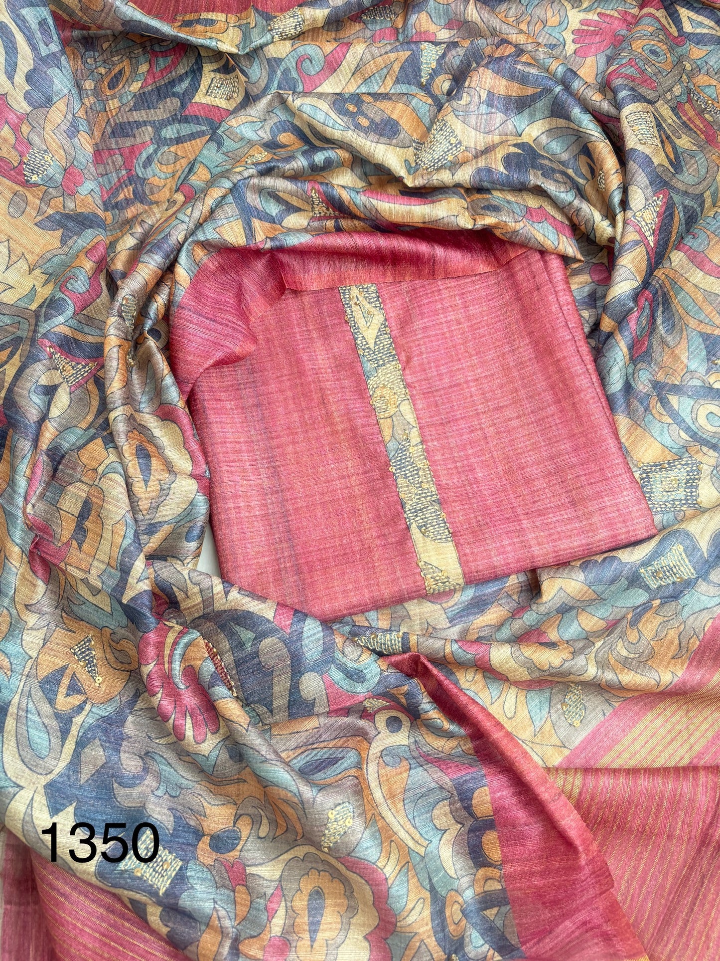 Soft tussore Suit in Kantha work