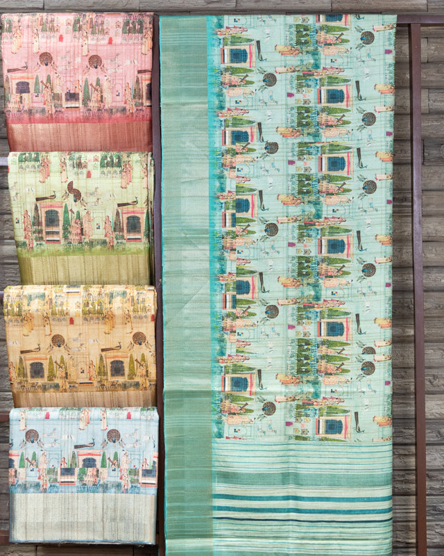 Beautiful Mughal Story Digital Print Semi Tussar Handloom Saree (Set of 5)