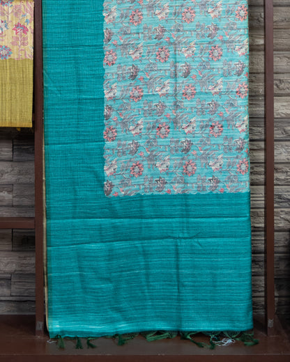 Floral Design Digitally Printed Semi Tussar Saree Of Light Blue Color.