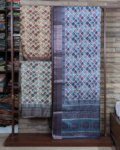 Three Set Geometric Digital Print Semi Light Tussar Handloom Saree Of Different Color.