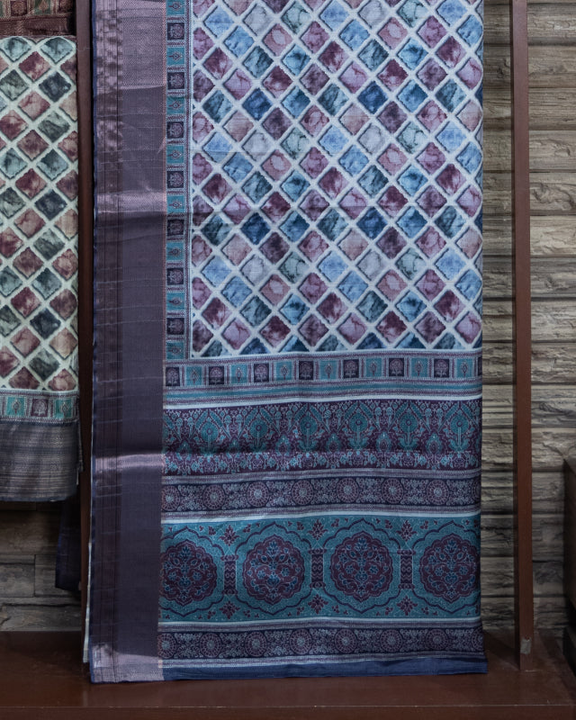 Geometric Digital Print Semi Light Tussar Handloom Saree Of Light Blue Color.