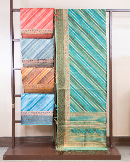 Chanderi Geometric Digital Print Saree With Benarasi Jacquard Border Of Five Different Color.