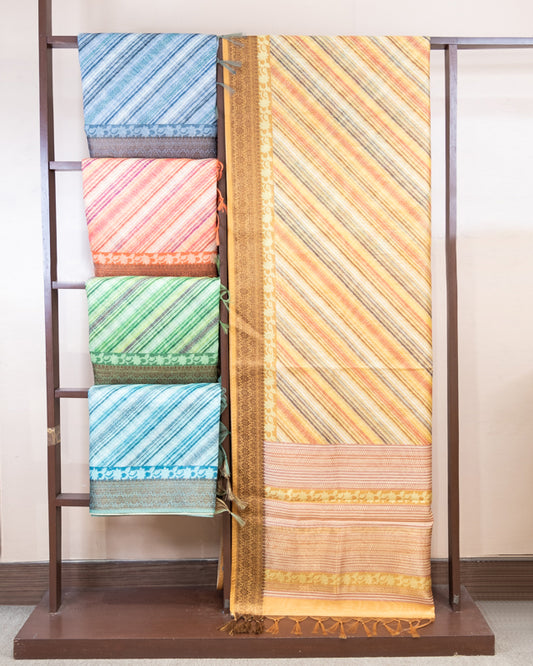 Chanderi Geometric Stripes Digital Print Saree With Benarasi Jacquard Border Of Five Different Color.