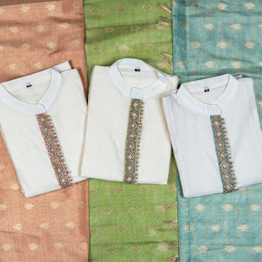 Chanderi Cotton Kurta & Dupatta Set With Cutdana Work & Benarasi Dupatta Of Three Different Color.