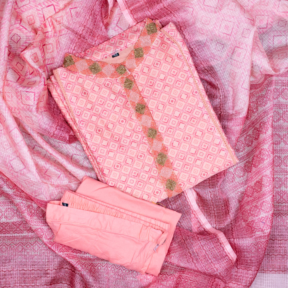 Chanderi Kurta Pant & Dupatta Set With Digital Print Of Light Pink Color In Three Set