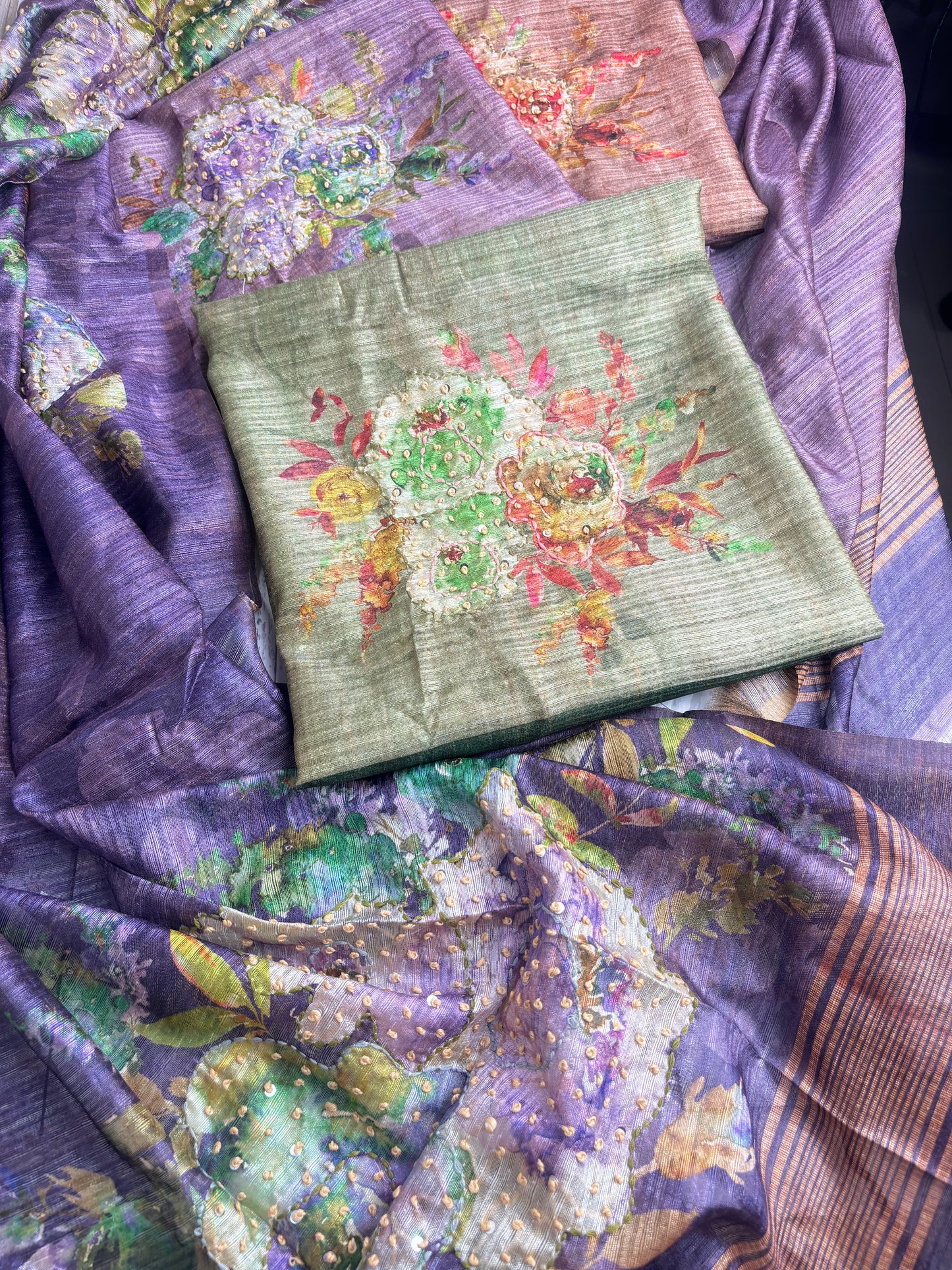 Soft tussore Suit in Kantha work