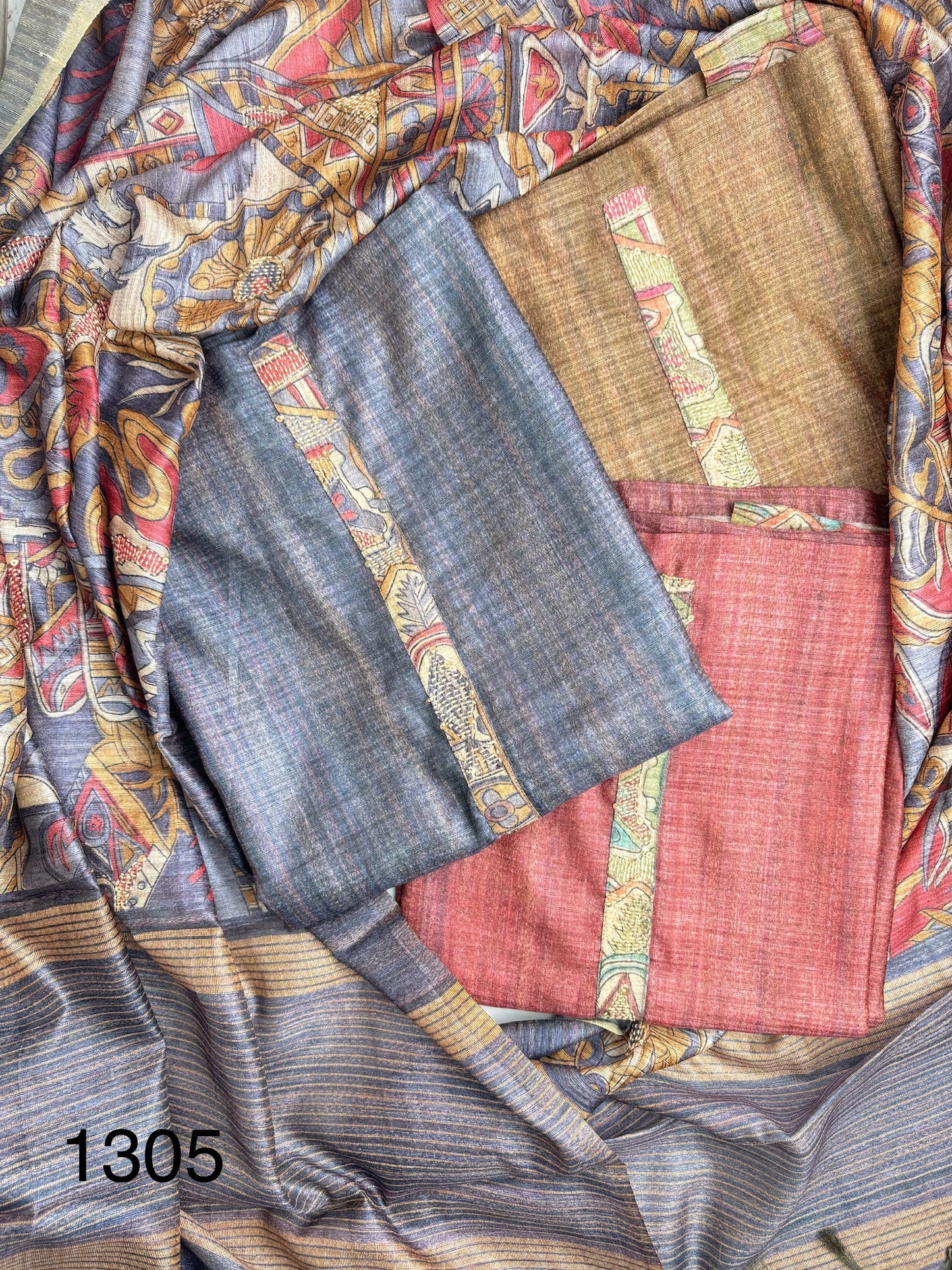 Soft tussore Suit in Kantha work