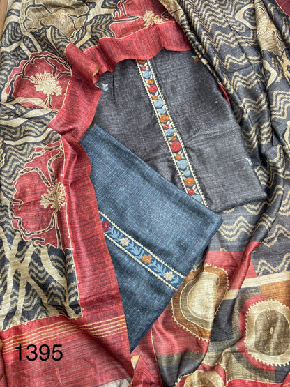 Soft tussore Suit in Kantha work