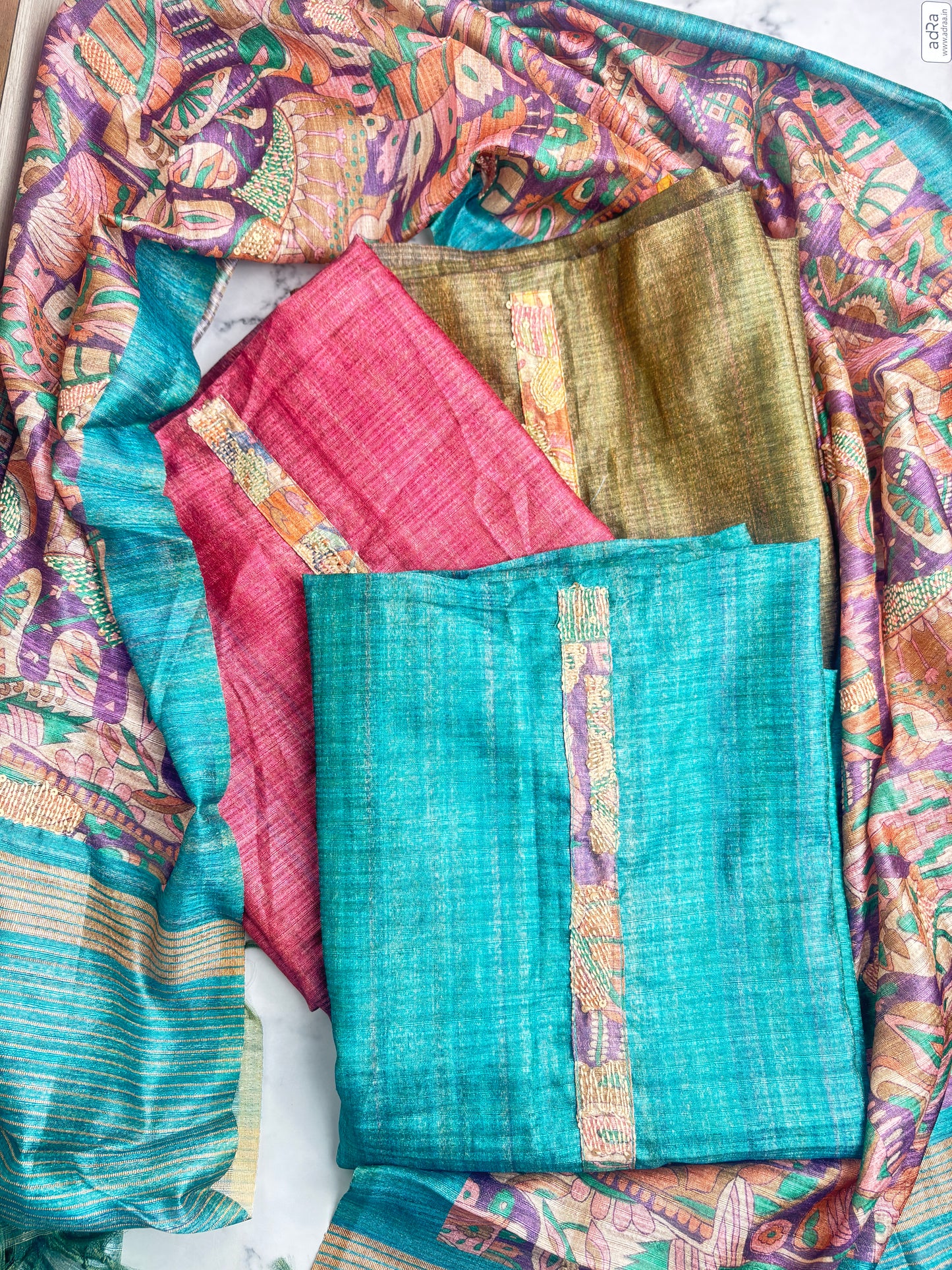 Soft tussore Suit in Kantha work