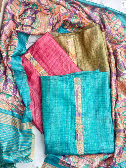 Soft tussore Suit in Kantha work