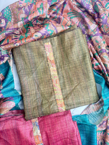 Soft tussore Suit in Kantha work