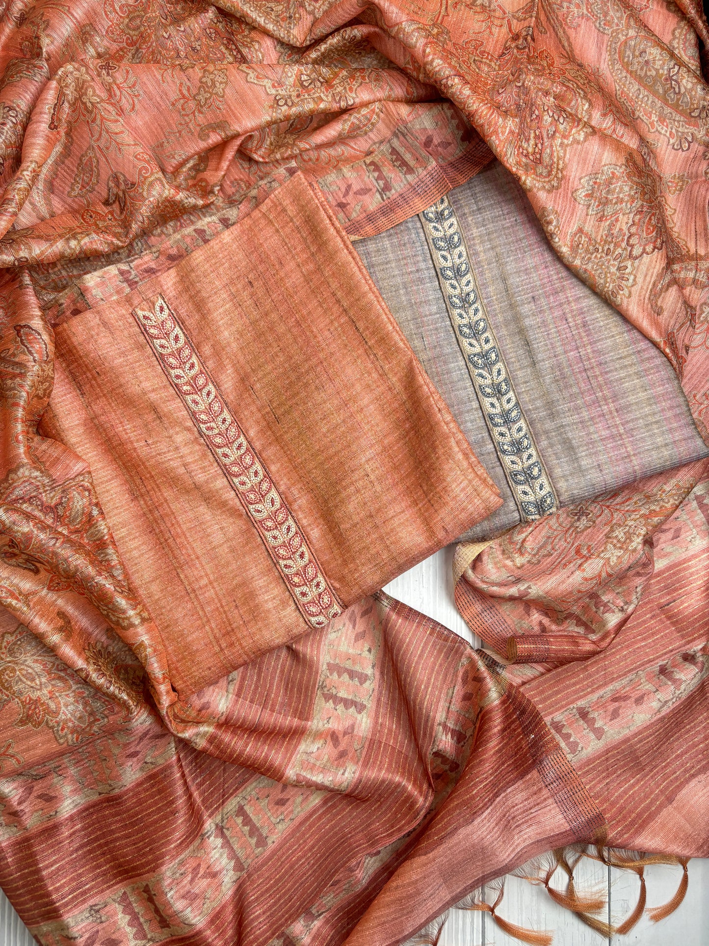 Soft tussore Suit in Kantha work