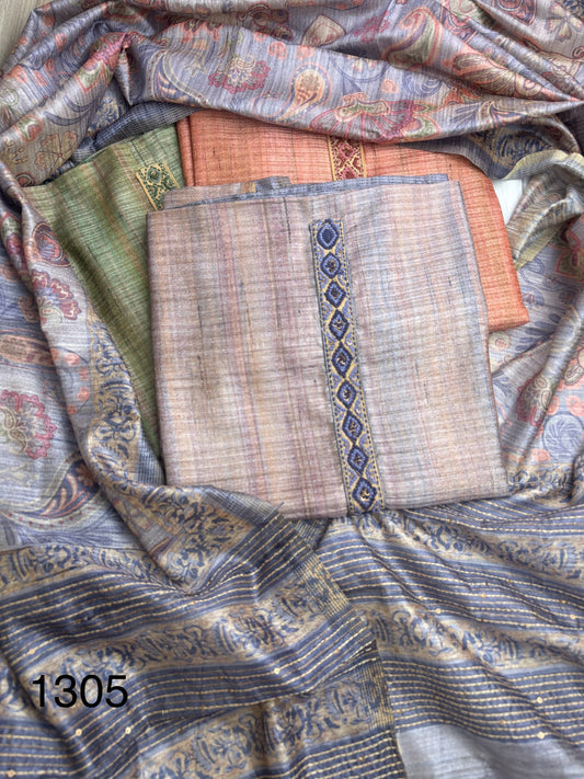 Soft tussore Suit in Kantha work