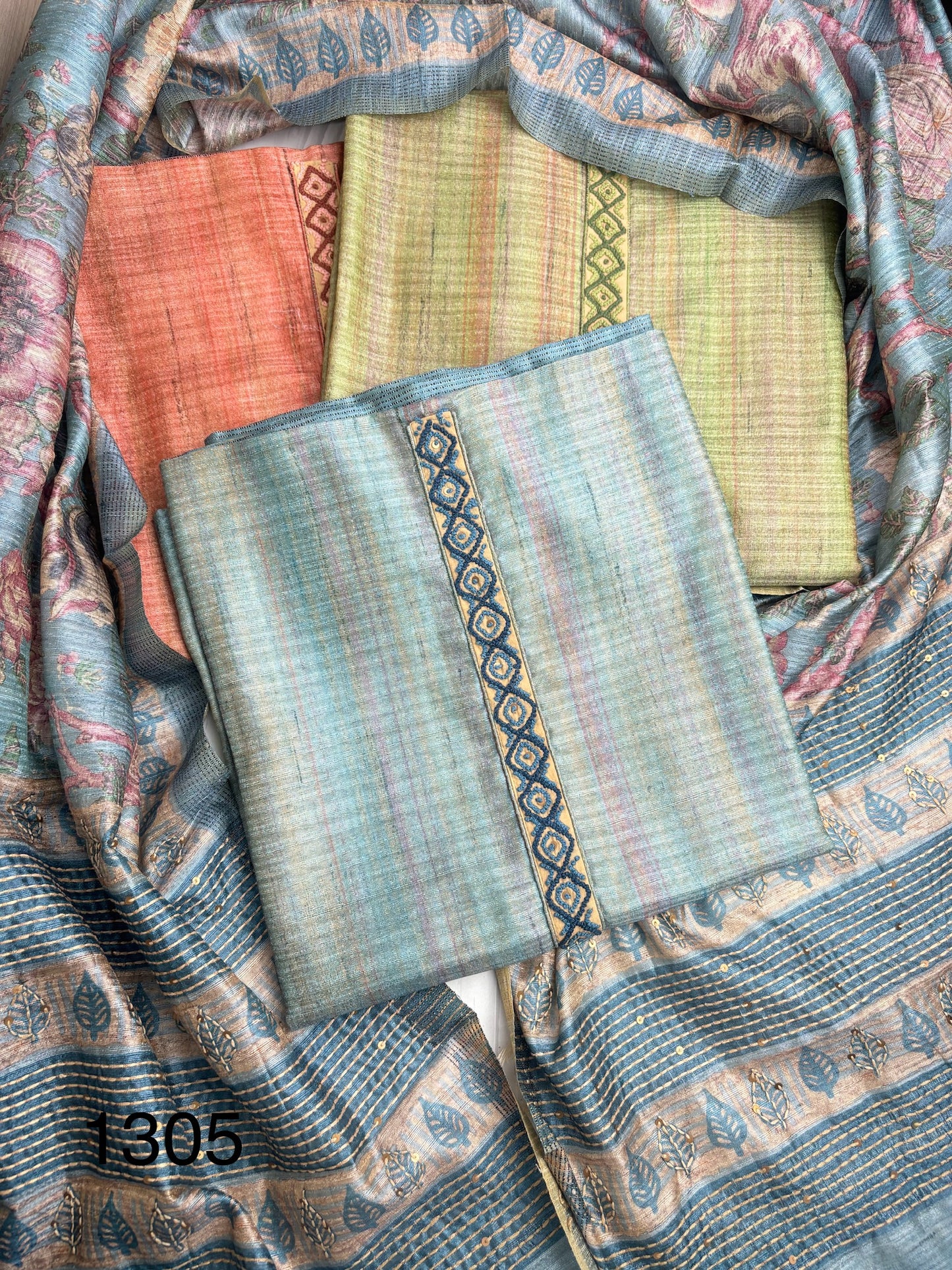 Soft tussore Suit in Kantha work