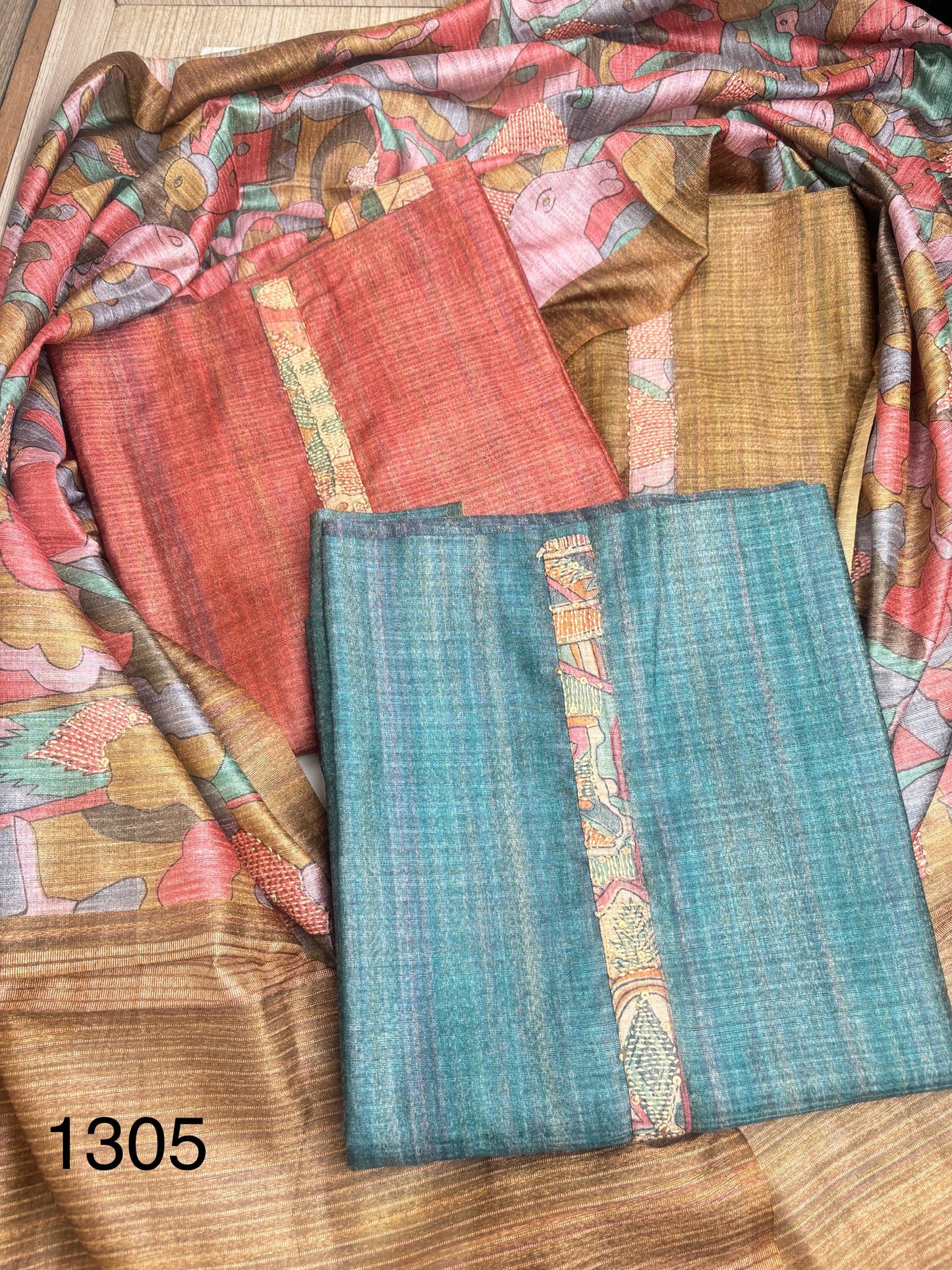 Soft tussore Suit in Kantha work