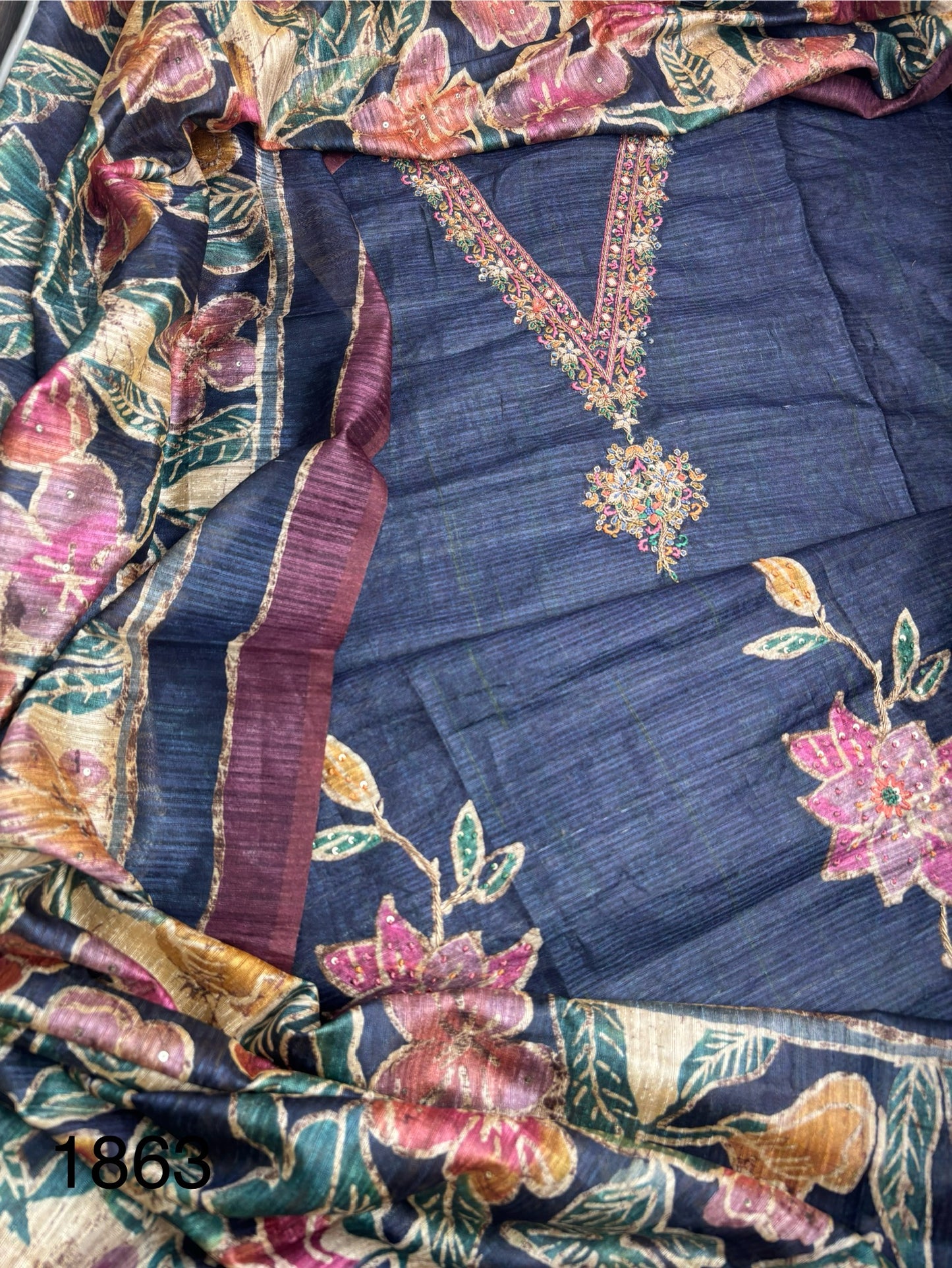 Soft tussore Suit in Kantha work